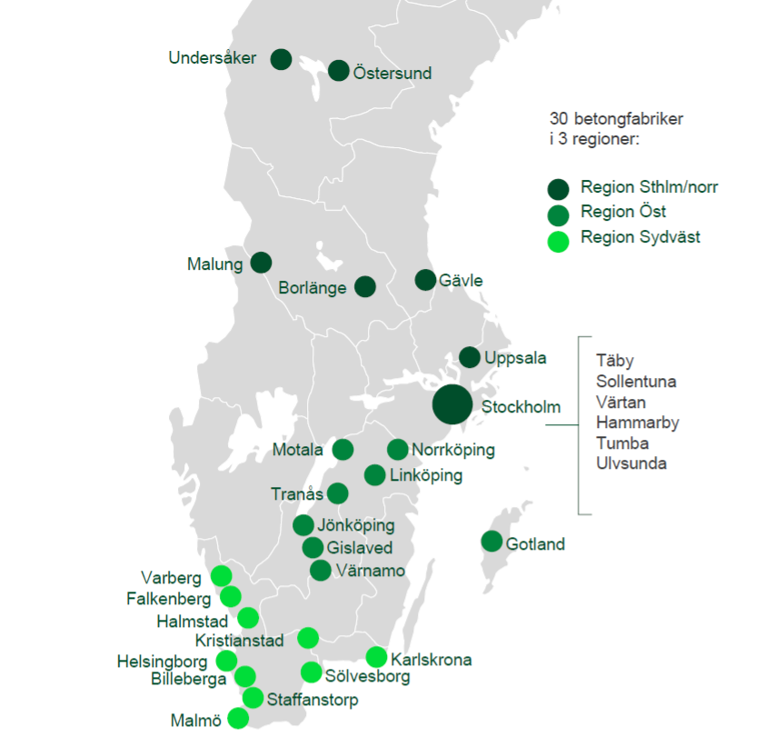 Karta över Heidelberg Materials betongfabriker i Sverige