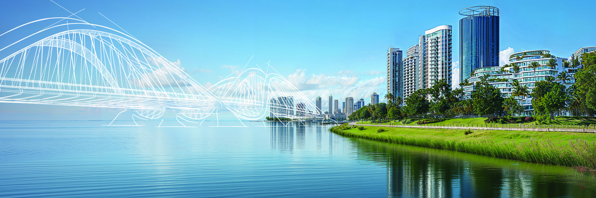 Panoramavy över en stadskust med höga byggnader till höger, grönt gräs längs vattenkanten och en illustration av en futuristisk bro i bakgrunden till vänster. Vattnet speglar himlen och landskapet.