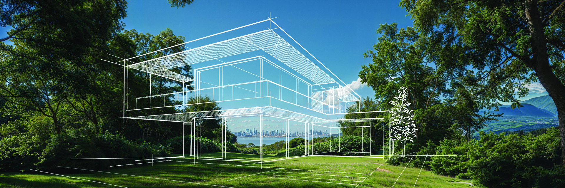 Illustration av en modern byggnad som överlappar en grönskande äng med träd i bakgrunden och en klar himmel. Byggnadens konturer visas som en vit linjeskiss mitt i bilden och harmoniserar med naturen runt omkring.