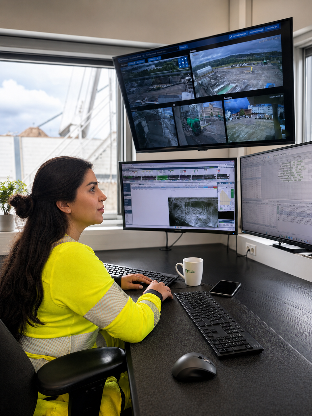En person arbetar vid en datorskärmstation med flera skärmar som visar övervakningsbilder från en betongfabrik.