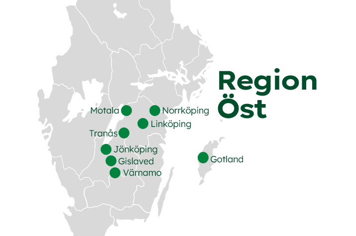 Karta över Region Öst i Sverige med utmarkerade städer.