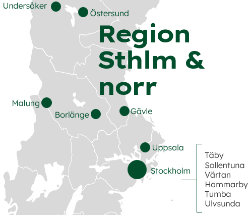 Karta över norra och mellersta Sverige med markerade orter inom Region Stockholm och norr.