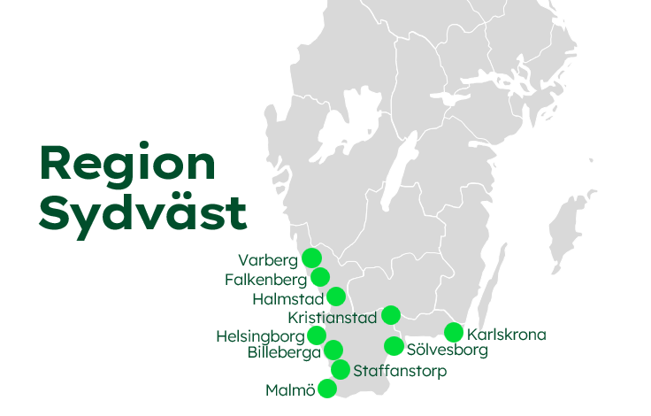Karta som visar Region Sydväst med markerade platser i södra Sverige.
